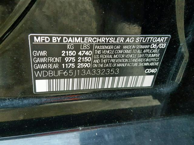 WDBUF65J13A332353 - 2003 MERCEDES-BENZ E 320 BLACK photo 10