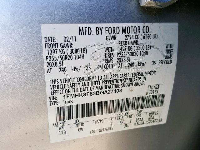 1FMHK8F83BGA27403 - 2011 FORD EXPLORER L SILVER photo 10