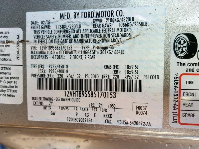 1ZVHT89S585170153 - 2008 FORD MUSTANG SH SILVER photo 10