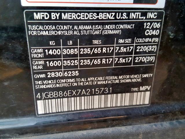 4JGBB86EX7A215731 - 2007 MERCEDES-BENZ ML 350 BLACK photo 10