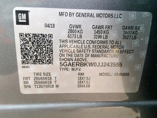 5GAERBKW0JJ243555 - 2018 BUICK ENCLAVE ES GRAY photo 10
