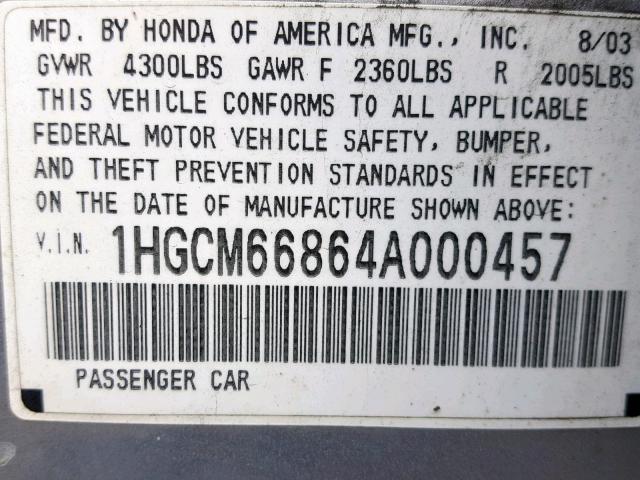 1HGCM66864A000457 - 2004 HONDA ACCORD EX SILVER photo 10