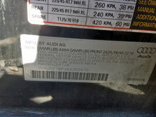 WAUNF78P36A202670 - 2006 AUDI A3 2.0 PRE BLACK photo 10