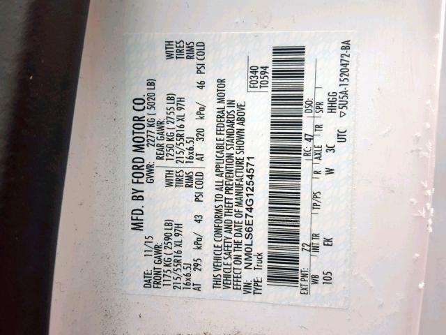 NM0LS6E74G1254571 - 2016 FORD TRANSIT CO WHITE photo 10