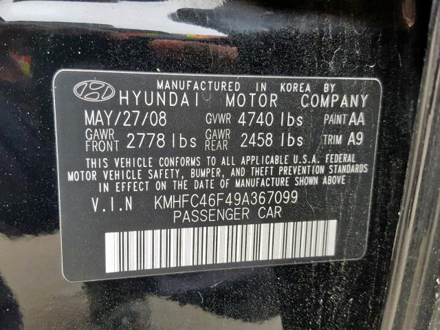 KMHFC46F49A367099 - 2009 HYUNDAI AZERA SE BLACK photo 10