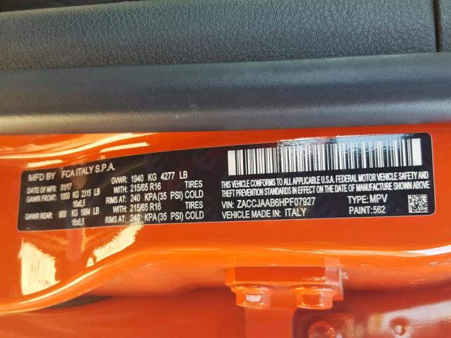 ZACCJAAB6HPF07927 - 2017 JEEP RENEGADE S ORANGE photo 10