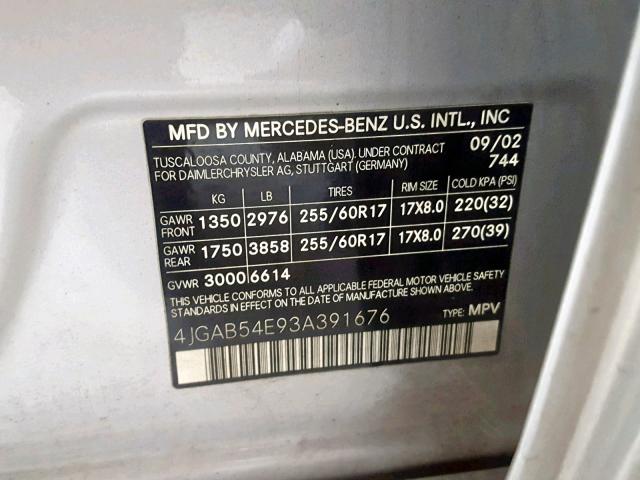 4JGAB54E93A391676 - 2003 MERCEDES-BENZ ML 320 SILVER photo 10