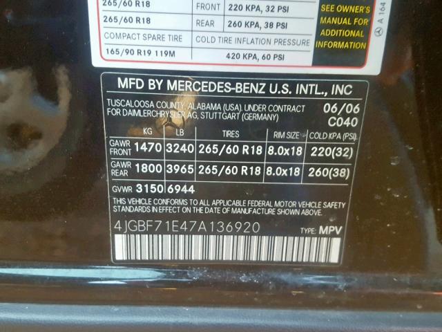 4JGBF71E47A136920 - 2007 MERCEDES-BENZ GL 450 4MA BLACK photo 10