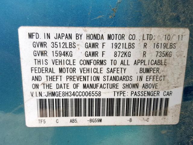 JHMGE8H34CC006558 - 2012 HONDA FIT TEAL photo 10