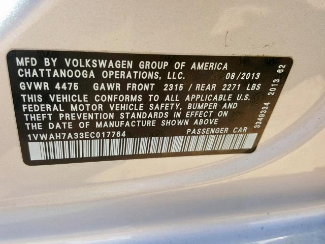 1VWAH7A33EC017764 - 2014 VOLKSWAGEN PASSAT S SILVER photo 10