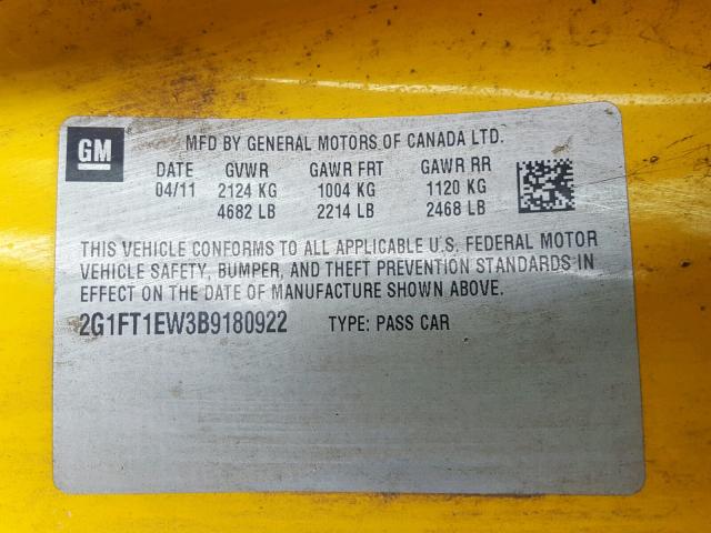 2G1FT1EW3B9180922 - 2011 CHEVROLET CAMARO 2SS YELLOW photo 10