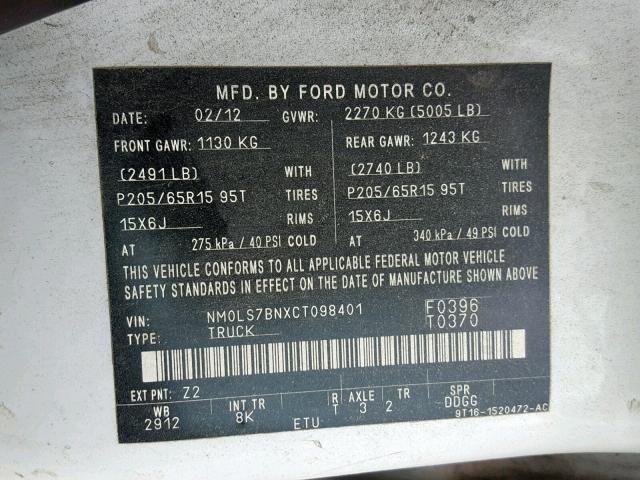 NM0LS7BNXCT098401 - 2012 FORD TRANSIT CO WHITE photo 10