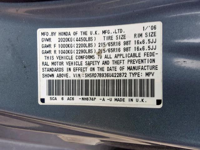 SHSRD78936U422872 - 2006 HONDA CR-V SE GRAY photo 10