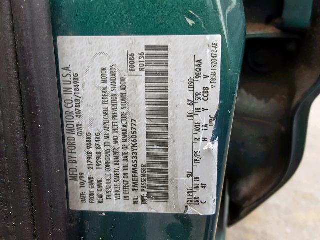 1MEFM6533YK605777 - 2000 MERCURY MYSTIQUE G GREEN photo 10