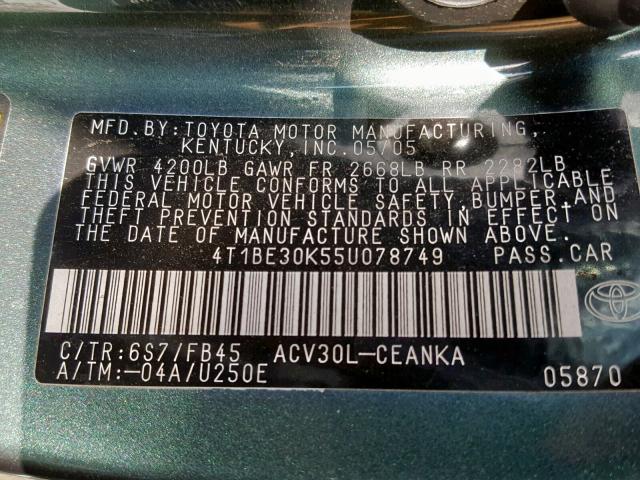 4T1BE30K55U078749 - 2005 TOYOTA CAMRY LE Жасыл фото 10