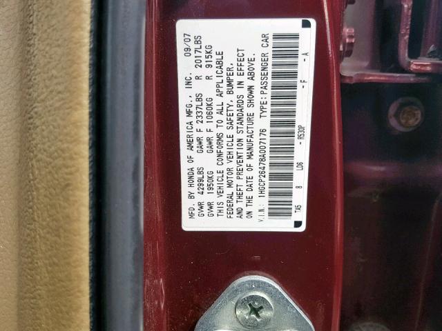 1HGCP26478A007176 - 2008 HONDA ACCORD LXP BURGUNDY photo 10