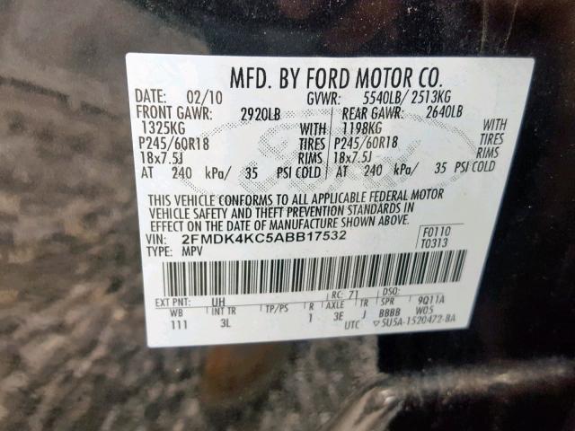 2FMDK4KC5ABB17532 - 2010 FORD EDGE LIMIT BLACK photo 10