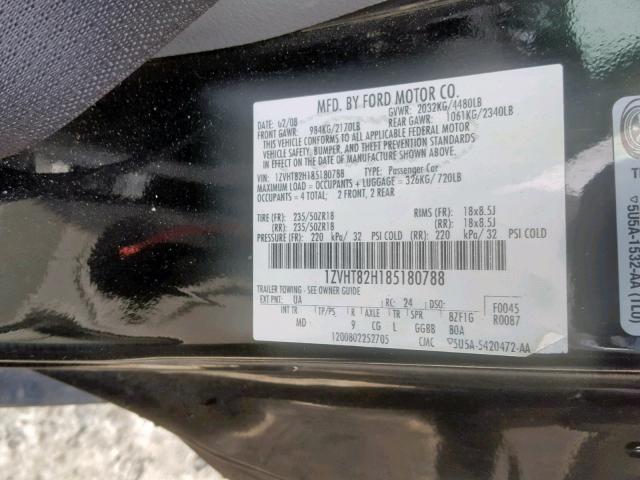 1ZVHT82H185180788 - 2008 FORD MUSTANG GT BLACK photo 10