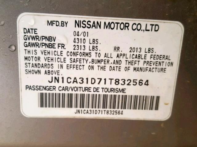 JN1CA31D71T832564 - 2001 NISSAN MAXIMA GXE BEIGE photo 10