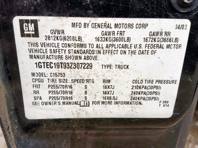 1GTEC19T93Z307229 - 2003 GMC NEW SIERRA CHARCOAL photo 10