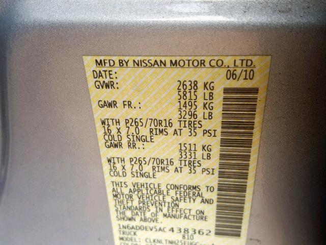 1N6AD0EV5AC438362 - 2010 NISSAN FRONTIER C SILVER photo 10