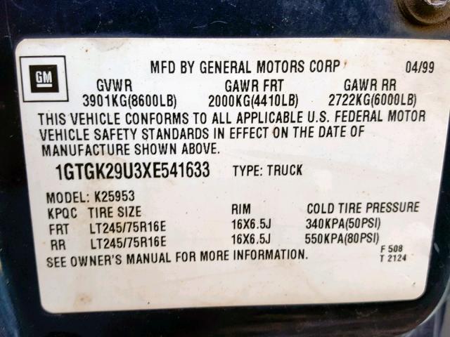 1GTGK29U3XE541633 - 1999 GMC NEW SIERRA BLUE photo 10