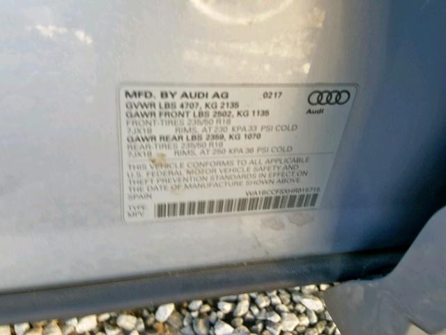 WA1BCCFSXHR015715 - 2017 AUDI Q3 PREMIUM SILVER photo 10