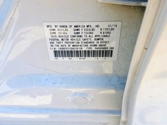 19UDE2F37GA024706 - 2016 ACURA ILX BASE WHITE photo 10