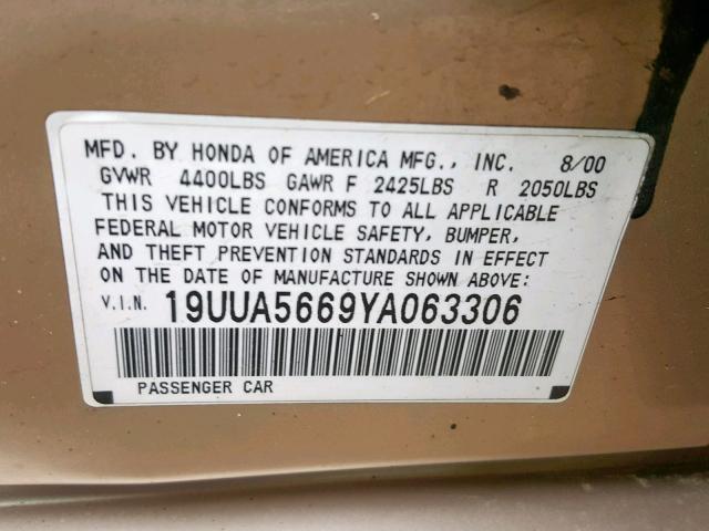 19UUA5669YA063306 - 2000 ACURA 3.2TL GOLD photo 10