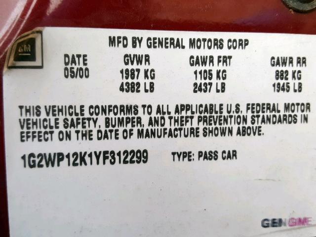 1G2WP12K1YF312299 - 2000 PONTIAC GRAND PRIX MAROON photo 10