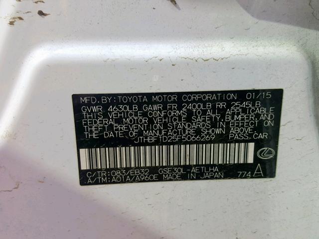 JTHBF1D25F5066269 - 2015 LEXUS IS 250 WHITE photo 10