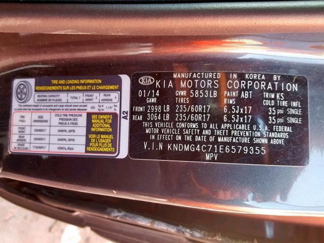 KNDMG4C71E6579355 - 2014 KIA SEDONA LX GRAY photo 10