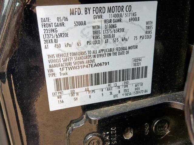 1FTWW31P47EA06791 - 2007 FORD F350 SRW S BLACK photo 10