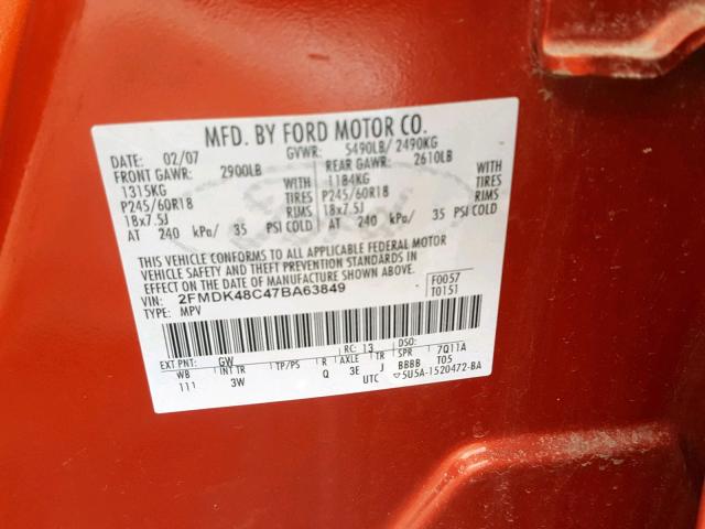 2FMDK48C47BA63849 - 2007 FORD EDGE SEL ORANGE photo 10