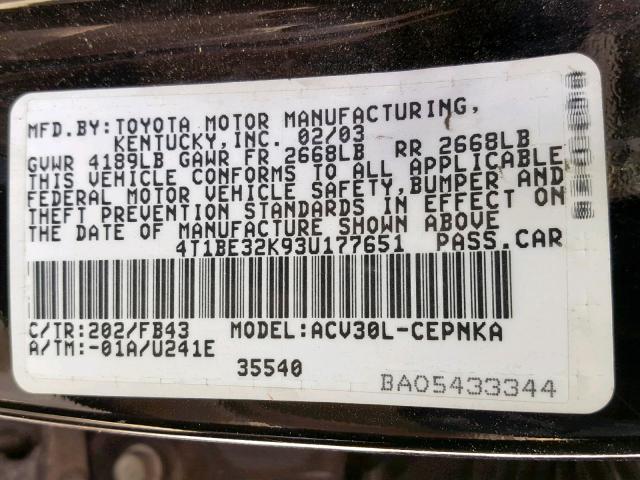4T1BE32K93U177651 - 2003 TOYOTA CAMRY LE BLACK photo 10