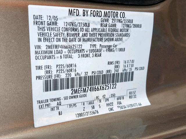 2MEFM74V66X625122 - 2006 MERCURY GRAND MARQ GOLD photo 10