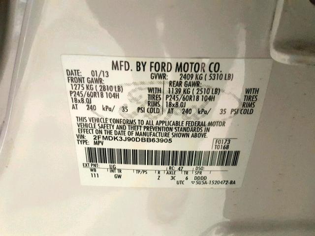 2FMDK3J90DBB63905 - 2013 FORD EDGE SEL WHITE photo 10