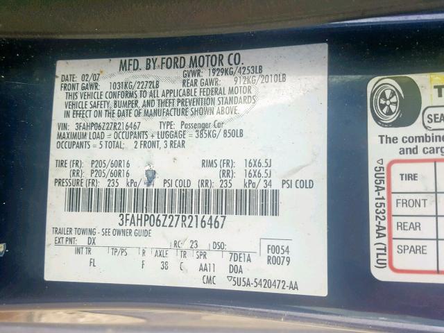 3FAHP06Z27R216467 - 2007 FORD FUSION S BLUE photo 10