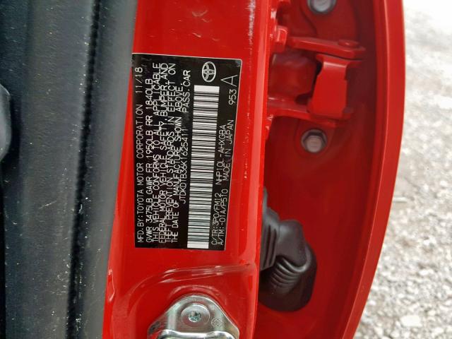 JTDKDTB36K1625411 - 2019 TOYOTA PRIUS C RED photo 10