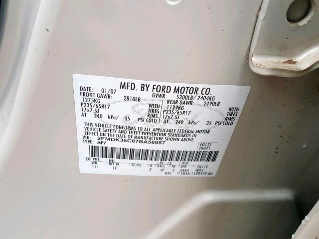 2FMDK36C87BA58957 - 2007 FORD EDGE SE WHITE photo 10