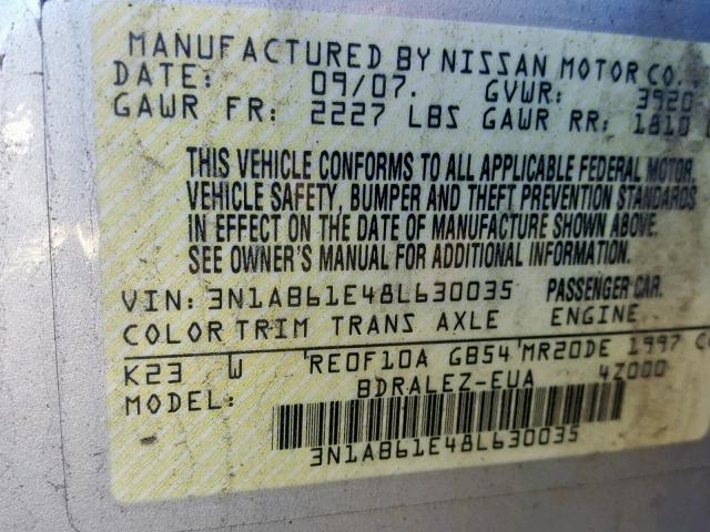 3N1AB61E48L630035 - 2008 NISSAN SENTRA 2.0 SILVER photo 10