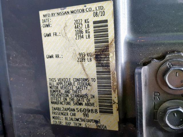 1N4BL2AP0AN560988 - 2010 NISSAN ALTIMA SR BLUE photo 10