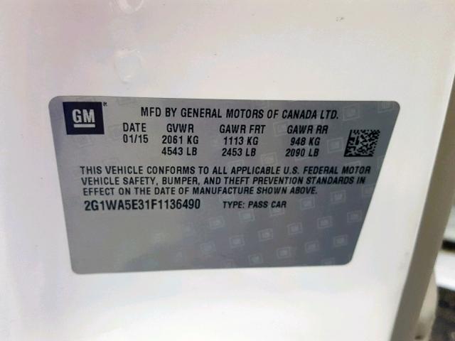 2G1WA5E31F1136490 - 2015 CHEVROLET IMPALA LIM WHITE photo 10