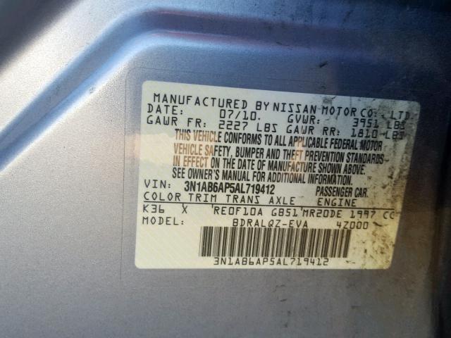 3N1AB6AP5AL719412 - 2010 NISSAN SENTRA 2.0 GRAY photo 10