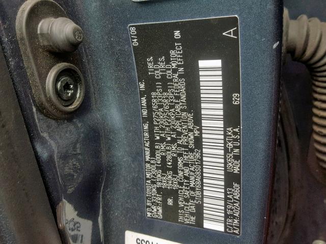 5TDBY68A68S017962 - 2008 TOYOTA SEQUOIA LI GRAY photo 10