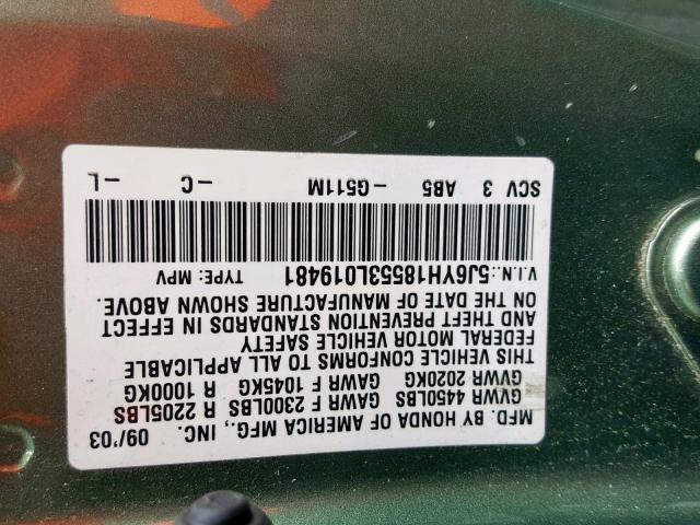 5J6YH18553L019481 - 2003 HONDA ELEMENT EX GREEN photo 10