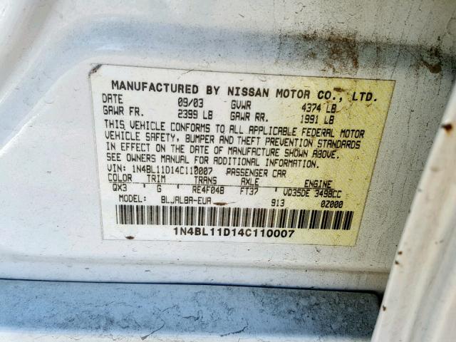 1N4BL11D14C110007 - 2004 NISSAN ALTIMA SE WHITE photo 10