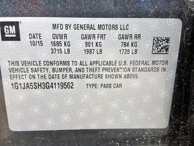 1G1JA5SH3G4119562 - 2016 CHEVROLET SONIC LS 灰色 照片 10