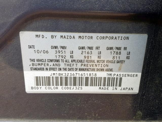 JM1BK323671651858 - 2007 MAZDA 3 S GRAY photo 10