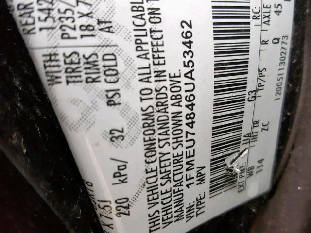 1FMEU74846UA53462 - 2006 FORD EXPLORER E BLACK photo 10